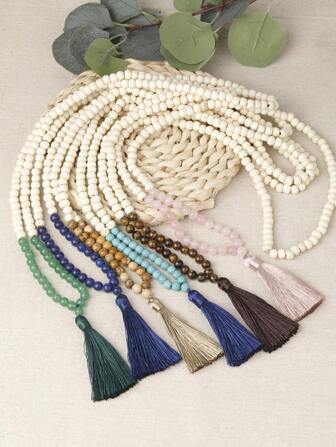 1pc Handmade Vintage 8mm Natural Agate Beads Necklace With Wooden Beads & Tassel Pendant, Jewelry Gift