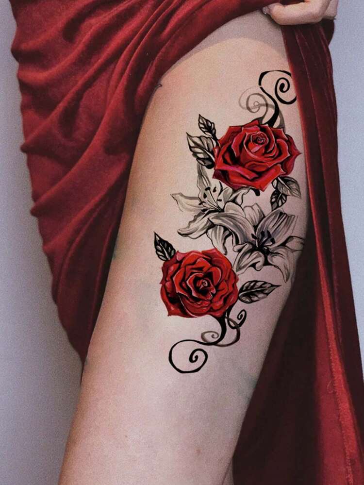 Rose Pattern Waterproof Temporary Tattoo Stickers, Sexy Fake Thigh Tattoos For Women, 3D Floral Realistic Waist Belly Tattoos, Large Full Arm Fake Tattoos, Last 2-5 Days, Cover Scars, For Arms, Wrists, Shoulders, Legs, Waist, Neck, Back, Chest, Thighs