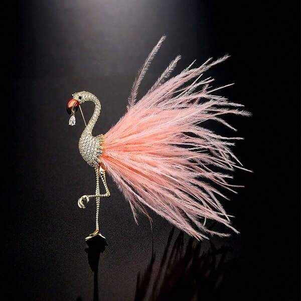 1pc Luxury Crystal & Imitation Feather Christmas Gift Brooch Pin, Fashion Accessory