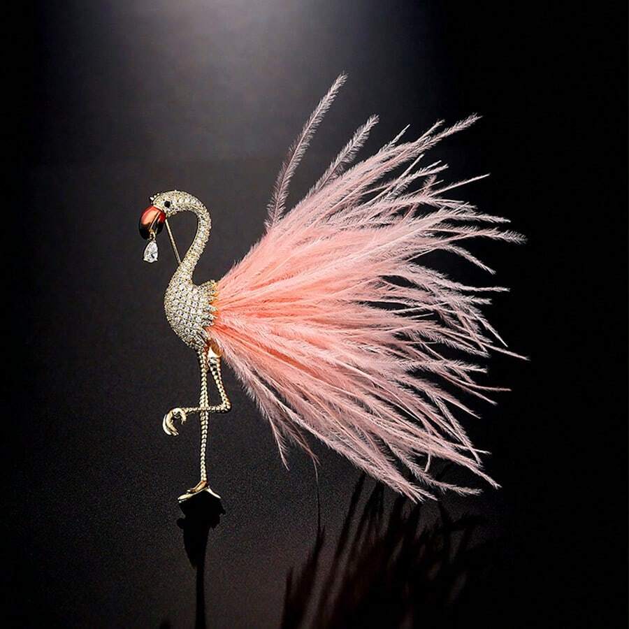 1pc Luxury Crystal & Imitation Feather Christmas Gift Brooch Pin, Fashion Accessory - Gold - View 1