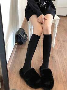 1 雙灰色秋冬女士襪子,條紋奶白色小牛襪,日式及膝襪 - 灰色 - 查看 7