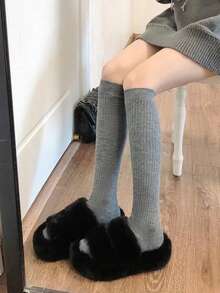 1 雙灰色秋冬女士襪子,條紋奶白色小牛襪,日式及膝襪 - 灰色 - 查看 9