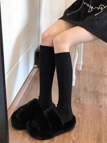 1 雙灰色秋冬女士襪子,條紋奶白色小牛襪,日式及膝襪 - 灰色 - 查看 5