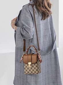 卡其色格子翻蓋手機袋女式方盒斜挎包