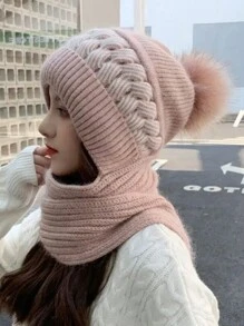 1pc Winter Warm Knit Beanie Hat Scarf Set For Women, Thickened And Attached With Knitted Neck Warmer - Pink - View 1
