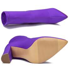 Women's Pointed Toe Ankle Boots Block Chunky Heel Ankle Boot High Heel Booties Stretch Lycra High Heeled Boots Fashion Short Boots - 紫色 - 查看 5