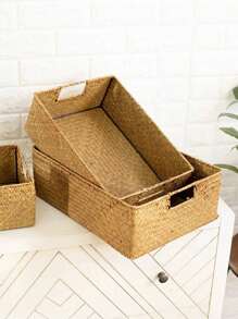 1pc Cube Storage Basket With Handle, Handmade Woven Wicker/basketry Organizer For Home Decoration, Buckset Wicker Style - Ginger - View 2