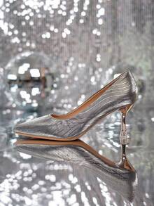 Giày cao gót mũi nhọn cổ thấp cho nữ mùa thu có gót mỏng, phong cách dự tiệc thanh lịch và giày cao gót Pu bóng thời trang mùa thu - Xám - Xem 7