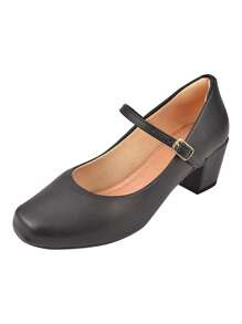 Sapato Boneca Salto Scarpin Feminino Bico Quadrado CM Calçados Salto Bloco Alto Confortável Fivela - Preto - Visão 4