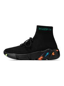 Men's High Top Knitted Socks Shoes With Letter Print Front Strap, Simple Style Couple's Shoes For Women Too - Black - View 5