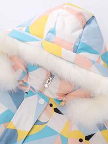 Annil 女童服裝中長款羽絨服，冬季學生防風保暖加厚印花休閒外套，藍色外套 - 藍色 - 查看 5