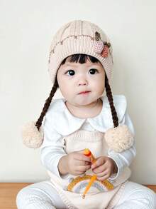 Baby Hat, Autumn And Winter Warm Ear Protection Cap, Outdoor Wig Cap For Boys And Girls, Cute And Lovely Thick Braid Double Layer Knit Hat - Beige - View 2
