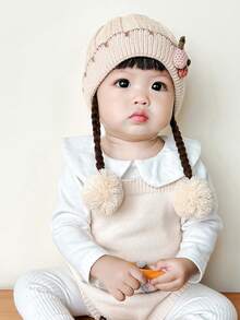 Baby Hat, Autumn And Winter Warm Ear Protection Cap, Outdoor Wig Cap For Boys And Girls, Cute And Lovely Thick Braid Double Layer Knit Hat - Beige - View 3