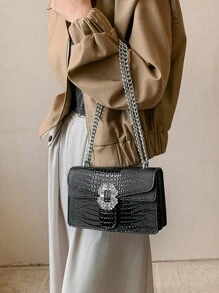 2023新款黑色鱷魚紋斜挎包腋下包小方包 - 黑色 - 查看 2