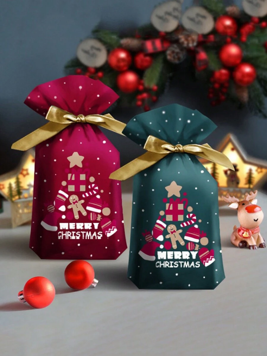 10入組原創設計聖誕節禮品包裝束口袋,peace水果袋,返還禮品袋,打包袋 - 綠色 - 查看 1