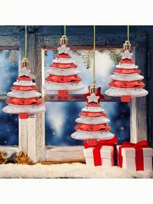 4 件形狀獨特聖誕樹裝飾品,塑膠彩繪懸掛裝飾品 - 紅色 - 查看 3