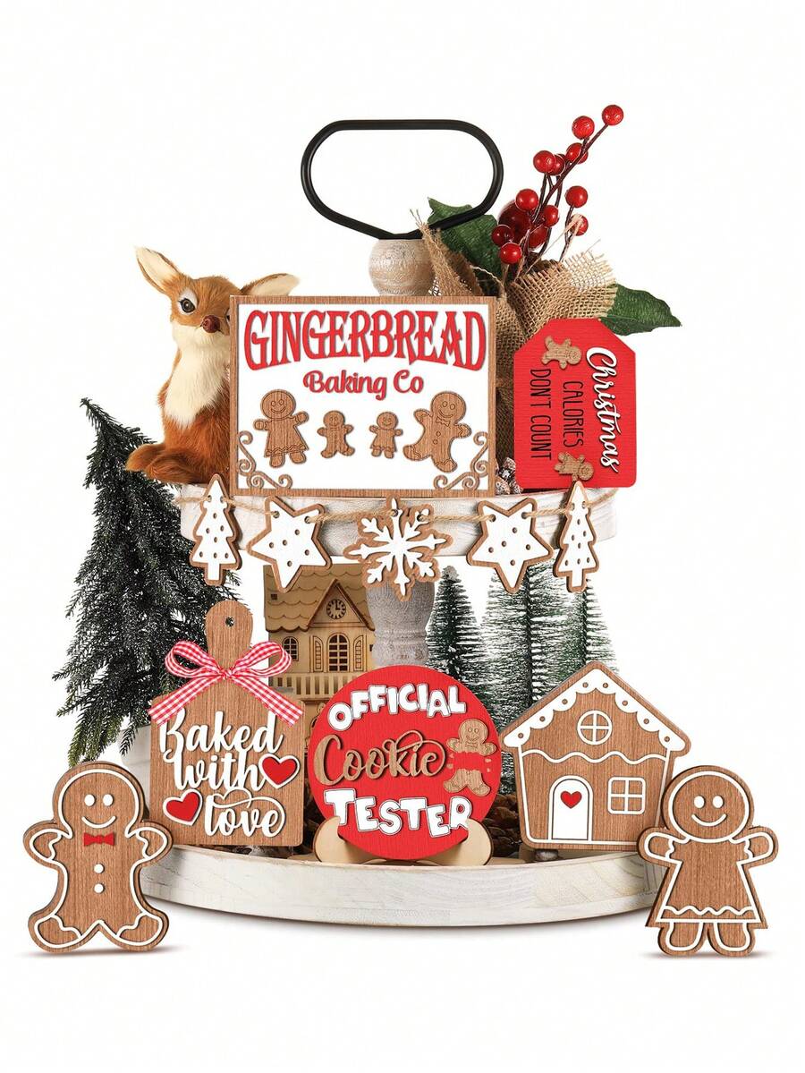 12 件，圣诞节分层托盘装饰，冬季餐桌木制标牌装饰，圣诞节桌面托盘装饰，姜人雪人圣诞老人装饰，圣诞派对家庭厨房节日装饰用品（不含托盘） - 棕色 - 查看 1