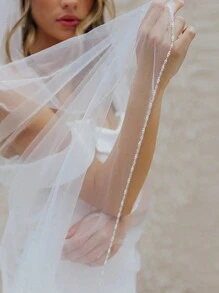 1 件手工串珠水晶新娘面纱短款珍珠装饰发梳和串珠边缘女士秋装 - 米色 - 查看 1