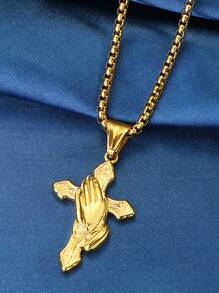 1pc Gold Stainless Steel Cross Pendant Necklace, Faith Festival Gift - Yellow Gold - View 3