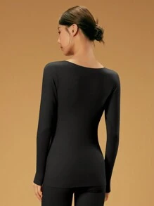 MEIYATING Women's Thermal Base Layer Top, Solid Color, Round Neck, Slim Fit, Long Sleeve, Suitable For Both Underwear And Outerwear - Black - View 2