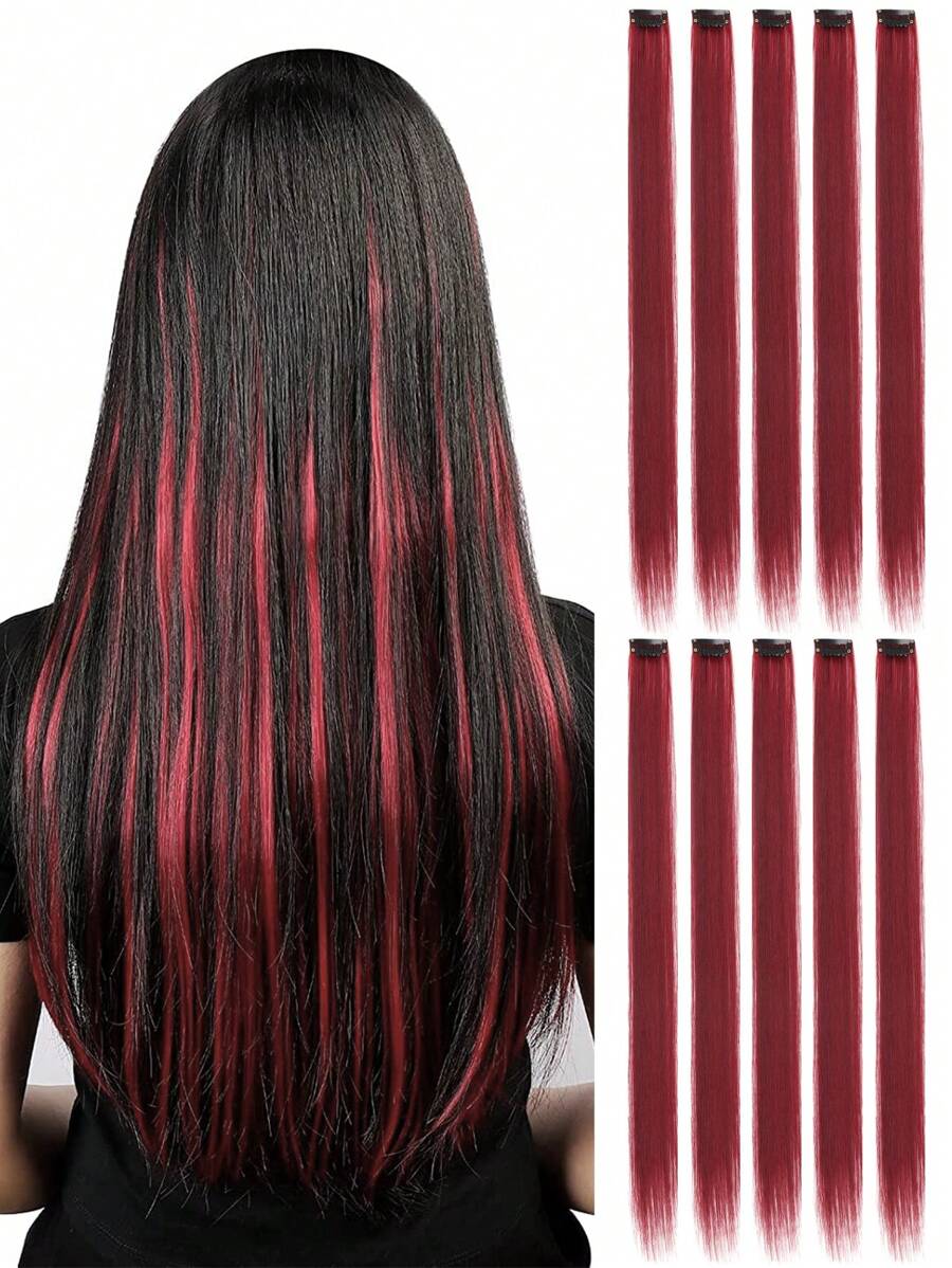 10片彩色夹式接发，20英寸直发合成假发，适用于万圣节装扮、圣诞节、派对、音乐节、新年礼物，女士（红色）