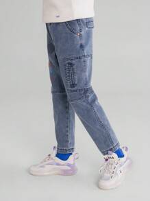 Annil Tween Boy Denim Pants Autumn And Winter Casual Printed Thermal Jeans Blue - Blue - View 3