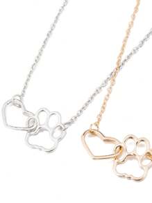 1 件裝愛狗爪關節心形吊墜兩層鏡面效果不銹鋼鎖骨鏈 - 銀色 - 查看 2