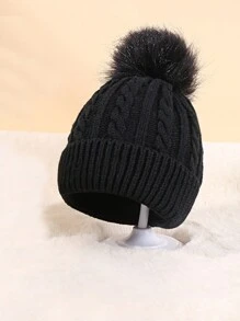 幼兒用黑色毛線毛球帽,冬季保暖日常休閒 - 黑色 - 查看 1