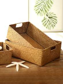 1pc Cube Storage Basket With Handle, Handmade Woven Wicker/basketry Organizer For Home Decoration, Buckset Wicker Style - Ginger - View 6
