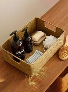 1pc Cube Storage Basket With Handle, Handmade Woven Wicker/basketry Organizer For Home Decoration, Buckset Wicker Style - Ginger - View 3