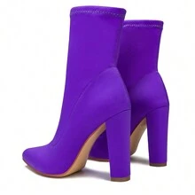 Women's Pointed Toe Ankle Boots Block Chunky Heel Ankle Boot High Heel Booties Stretch Lycra High Heeled Boots Fashion Short Boots - 紫色 - 查看 3
