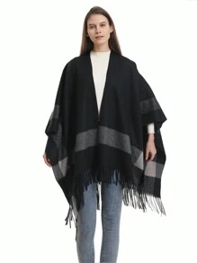 1 件女式大碼黑色人造羊絨流蘇披肩圍巾,兩用辦公毯,簡約時尚日常使用 - 黑色 - 查看 1