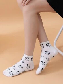 1 雙女式黑白熊貓圖案簡約短襪 - 彩色 - 查看 1