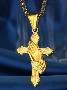 1pc Gold Stainless Steel Cross Pendant Necklace, Faith Festival Gift - Yellow Gold - View 1