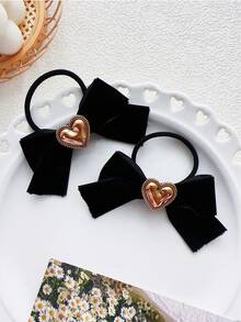 2 件裝女孩復古心形天鵝絨蝴蝶結髮帶適用於馬尾辮、高彈力髮帶和不傷害頭髮的配飾 - 黑色 - 查看 5