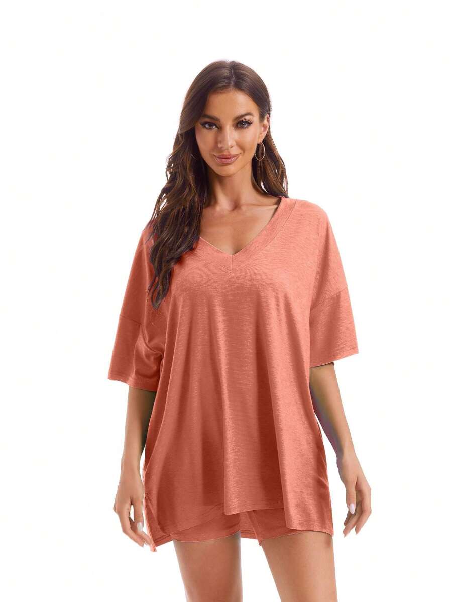 女士休闲宽松双面T恤上衣和骑行短裤睡衣套装，适合居家休闲穿着，保暖舒适。 - 橘色 - 查看 1