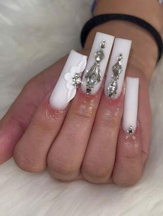 24 st rektangulära vita blommor med strass-nagelklistermärken, 1 st gelégel och 1 st nagelfil, romantisk år 2000-stil, perfekt för höst-/vintermanikyr