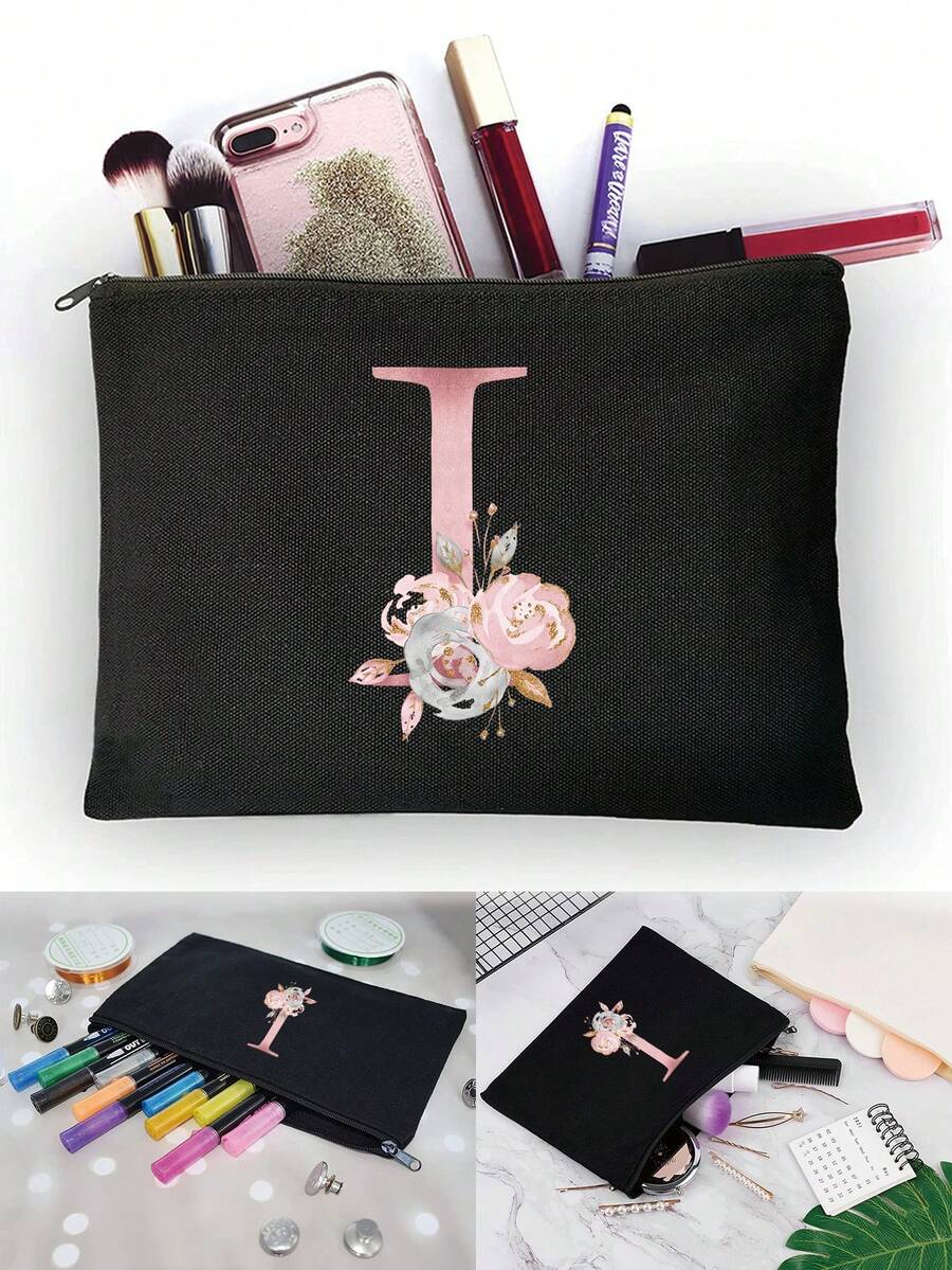 化妝包女性化妝袋錢包名字首字母i圖案化妝品收納袋結婚派對洗漱包拉鍊手機錢包筆袋化妝包手拿包伴娘化妝包化妝品收納包化妝刷收納 - 黑色 - 查看 1