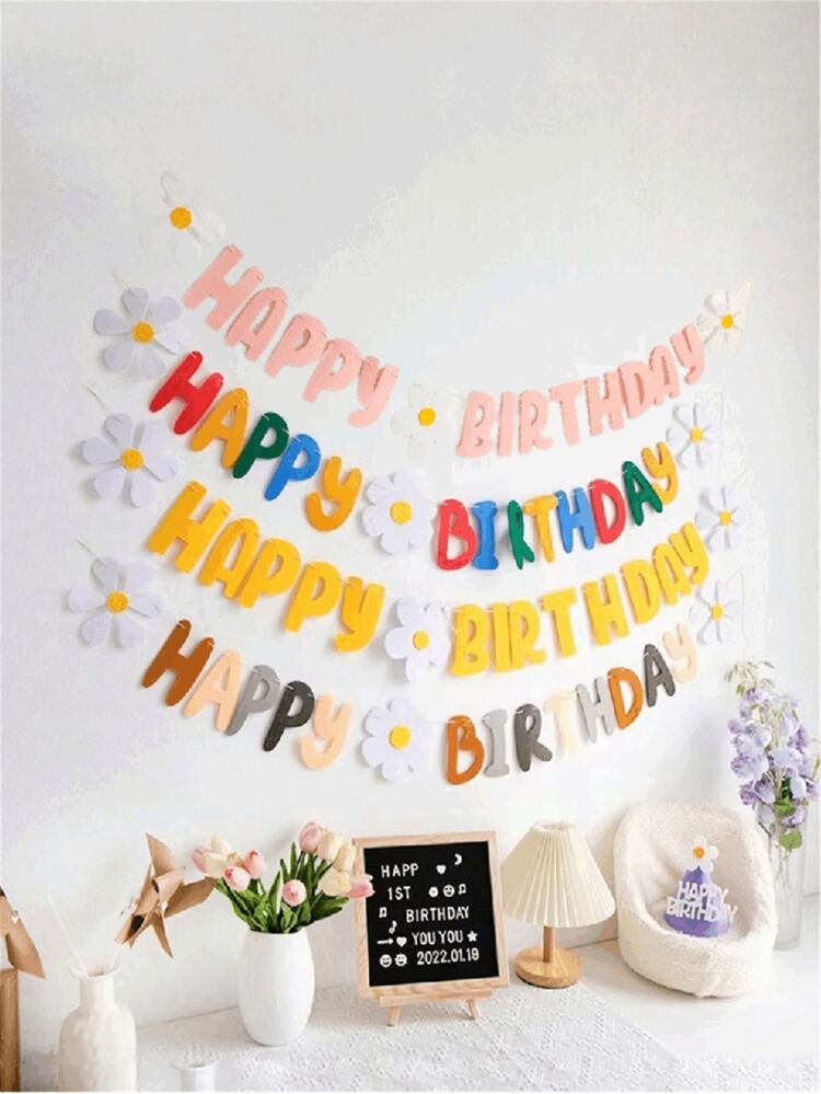 Set, Pink Happy Birthday Banner,Happy Birthday Little Daisy Banner Flag Sun Flowers Happy Birthday Felt Non-Woven Fabric Pull Flag Garland Scene Decoration Modern Slogan Graphic Hanging Decoration For Home Decor Toys, Room Decor Prop, Birthday Decoration,Christmas