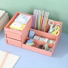 1pc Pink Multi-functional Desktop Storage Box, Drawer Style Cosmetic Organizer, Office Desk Stationery & Makeup Organizer, Dressing Table Storage Rack - Pink - View 4