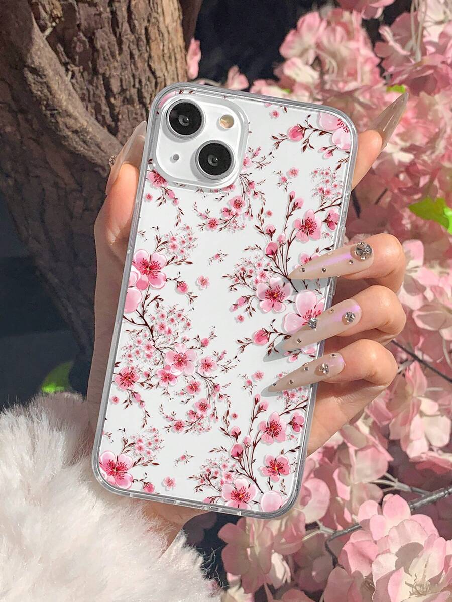 Flower 1pc Painted Cherry Blossom Print Phone Case Compatible With Iphone/Samsung Phone - Multicolor - View 1
