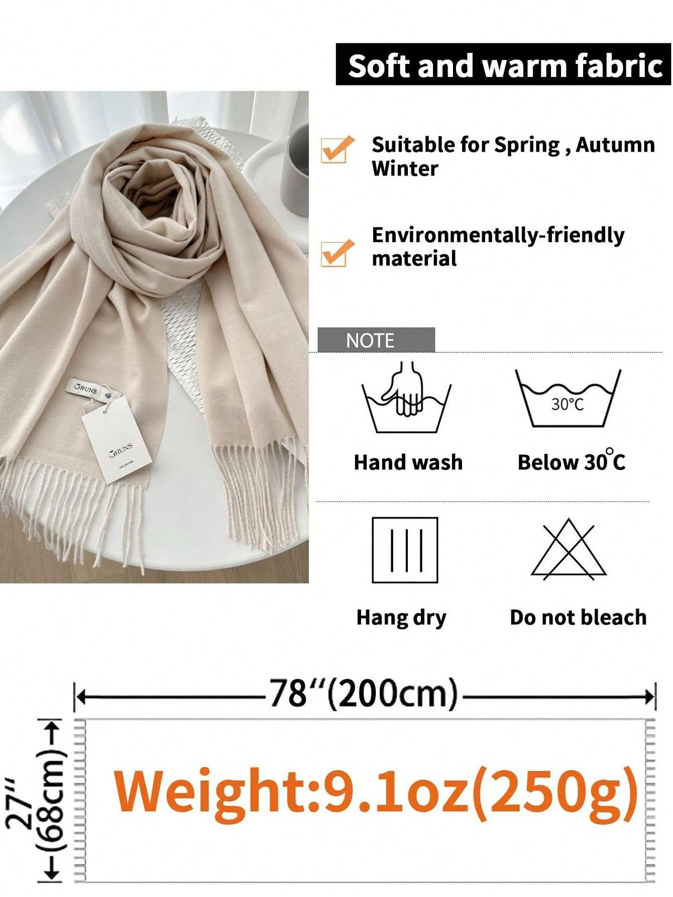 FADZOYLE 1pc Beige Wool Women's Winter Scarf Silky Soft Pashmina Feel