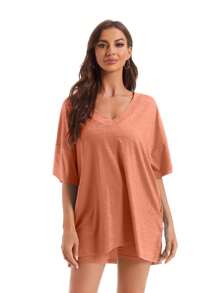 女士休闲宽松双面T恤上衣和骑行短裤睡衣套装，适合居家休闲穿着，保暖舒适。 - 橘色 - 查看 2