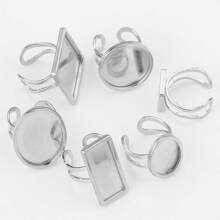 2入組不鏽鋼可調節大小的圓形/方形/橢圓形鑲嵌中空底部玻璃珠戒指,diy珠寶配件戒指 - 銀色 - 查看 2