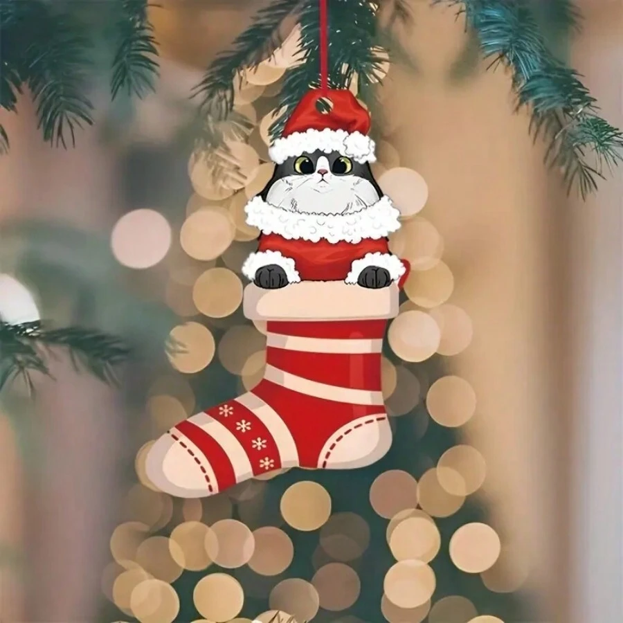 1 colgante de gato de Navidad de diseño plano 2d, colgante para espejo retrovisor Interior de coche, colgante de llavero de coche, colgante de bolsa. Regalo perfecto para amigos y familiares, o como decoración del árbol de Navidad. - Rojo - Ver 1