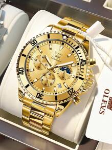OLEVS. OLEVS Mens Watches Chronograph Luxury Dress Moon Phase Quartz Stainless Steel Waterproof Luminous Business Calendar Wrist Watch - 金色 - 查看 1