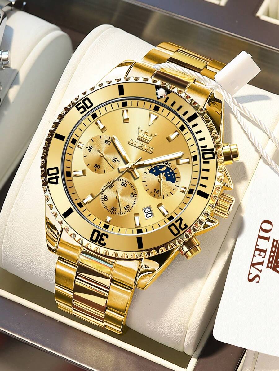 OLEVS. OLEVS Mens Watches Chronograph Luxury Dress Moon Phase Quartz Stainless Steel Waterproof Luminous Business Calendar Wrist Watch - 金色 - 查看 1
