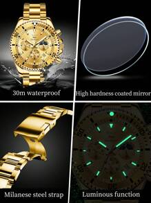 OLEVS. OLEVS Mens Watches Chronograph Luxury Dress Moon Phase Quartz Stainless Steel Waterproof Luminous Business Calendar Wrist Watch - 金色 - 查看 6