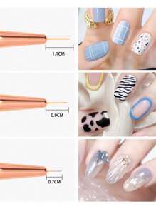 3入組新款日式指甲藝術細刷,玫瑰金電鍍手柄,適用於繪製花卉和裝飾,方便清理指甲及繪製線條點綴 - 金色 - 查看 3