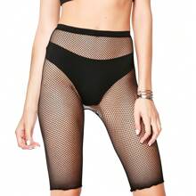 1 Par De Medias De Red Negras Con Agujero Estilo Ins Para Mujeres, Con Pantalones Cortos, Longitud De La Rodilla